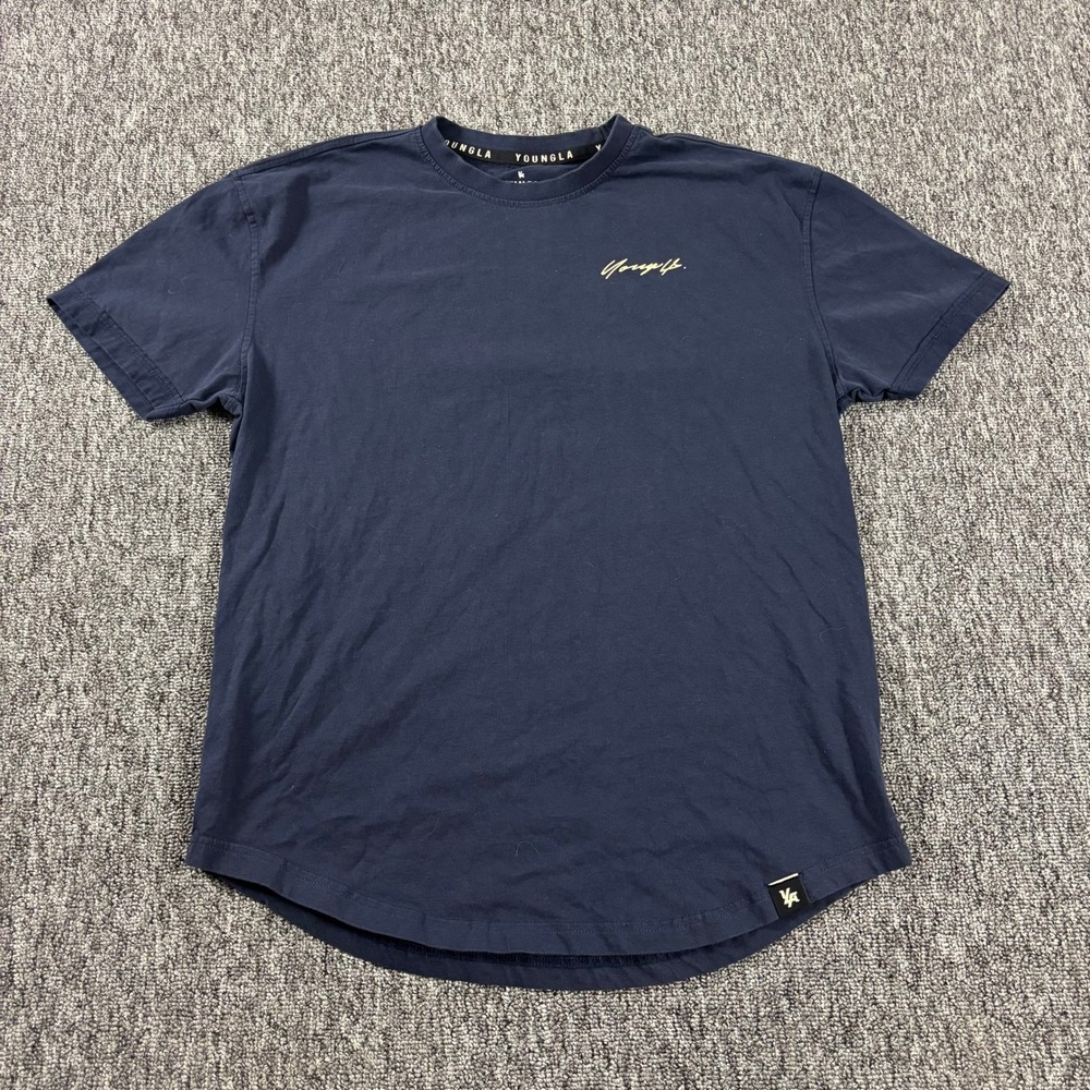 Grunge YoungLA Gym Athletic T-Shirt Navy Blue Rose Graphic Medium